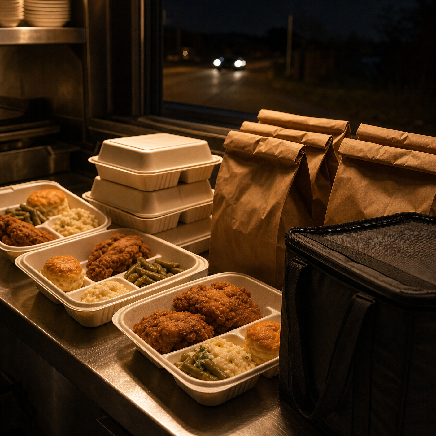 Homemade meal being plated in a warm kitchen at night